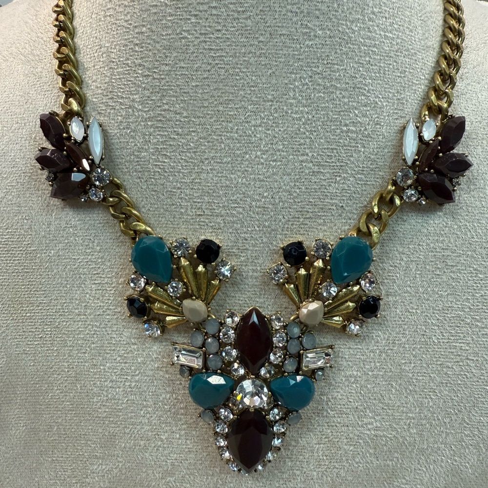 J Crew Gold & Crystal Beaded Statement Necklace Brown & Teal Stones